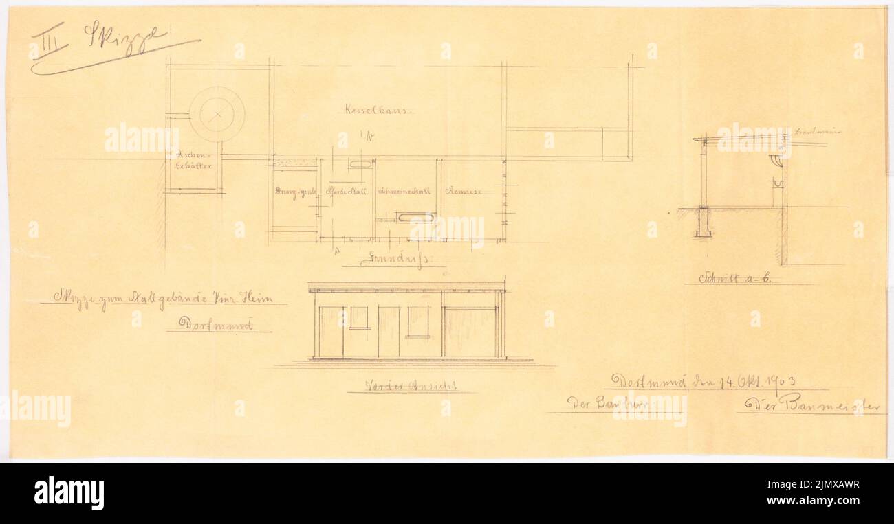 Klomp Johannes Franziskus (1865-1946), Vinzenz-Waisenhaus (mit Stallgebäude), Dortmund (14. Oktober 1903): Grundriß, Vorderansicht und Schnitt des Stallgebäudes. Bleistift auf Transparent, 22,7 x 43,8 cm (inklusive Scankanten) Klomp Johannes Franziskus (1865-1946): Vinzenz-Waisenhaus (mit Stallgebäude), Dortmund Stockfoto