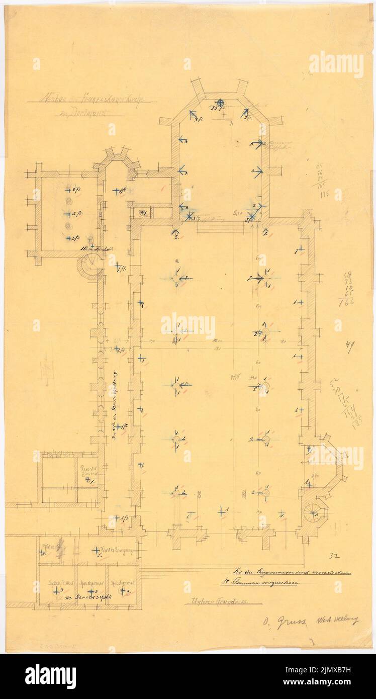 Klomp Johannes Franziskus (1865-1946), St. Franziskus (und Ausbau Franziskanerkloster), Dortmund (1900-1903): Grundriß mit Beleuchtungsplan. Tinte, Bleistift, Buntstift auf transparent, 72,9 x 42 cm (inkl. Scan Edges) Klomp Johannes Franziskus (1865-1946): St. Franziskus (und Erweiterung Franziskanerkloster), Dortmund Stockfoto