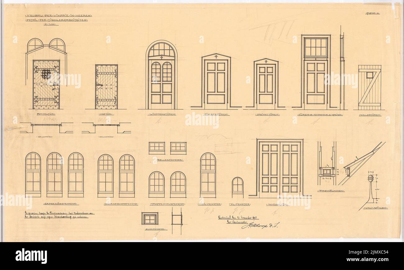 Klomp Johannes Franziskus (1865-1946), Herz-Jesus-Kirche (mit Pfarrkirche), Heeren-Werve (21. November 1908): Türen und Fenster des Pfarrhauses, Ansichten, Grundrisse und Details 1:20. Tinte, Bleistift auf Transparent, 53,8 x 89,5 cm (inklusive Scankanten) Klomp Johannes Franziskus (1865-1946): Herz-Jesu-Kirche (mit Vikarie), Heeren-Werve Stockfoto