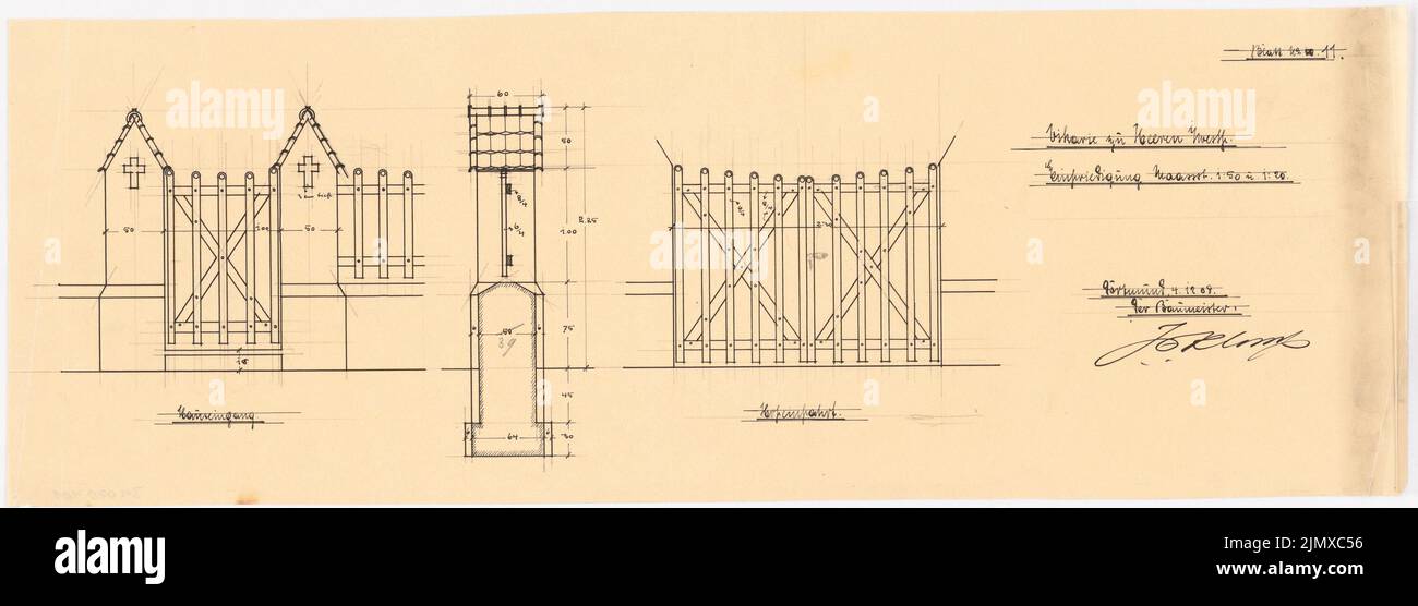 Klomp Johannes Franziskus (1865-1946), Herz-Jesus-Kirche (mit Pfarrkirche), Heeren-Werve (04.12.1908): Ansicht 1:50 und Schnitt 1:20 des Pfarrhauses. Tusche auf Transparent, 21,7 x 60,5 cm (inklusive Scankanten) Klomp Johannes Franziskus (1865-1946): Herz-Jesu-Kirche (mit Vikarie), Heeren-Werve Stockfoto