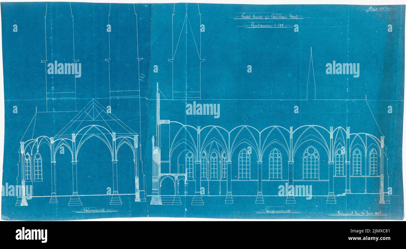 Klomp Johannes Franziskus (1865-1946), St. Marien (Erweiterung und Neubau von Kaplanei und Schwesternhaus), Herne-Baukau (13. Juli 1908): Kreuz- und Längsschnitt der Kirche mit Gewölbeplan 1: 100. Bleistift über Blaupause auf Papier, 45,9 x 84,4 cm (inklusive Scankanten) Klomp Johannes Franziskus (1865-1946): St. Marien, Herne-Baukau. Erweiterung und Neubau von Kaplanei und Schwesternhaus Stockfoto