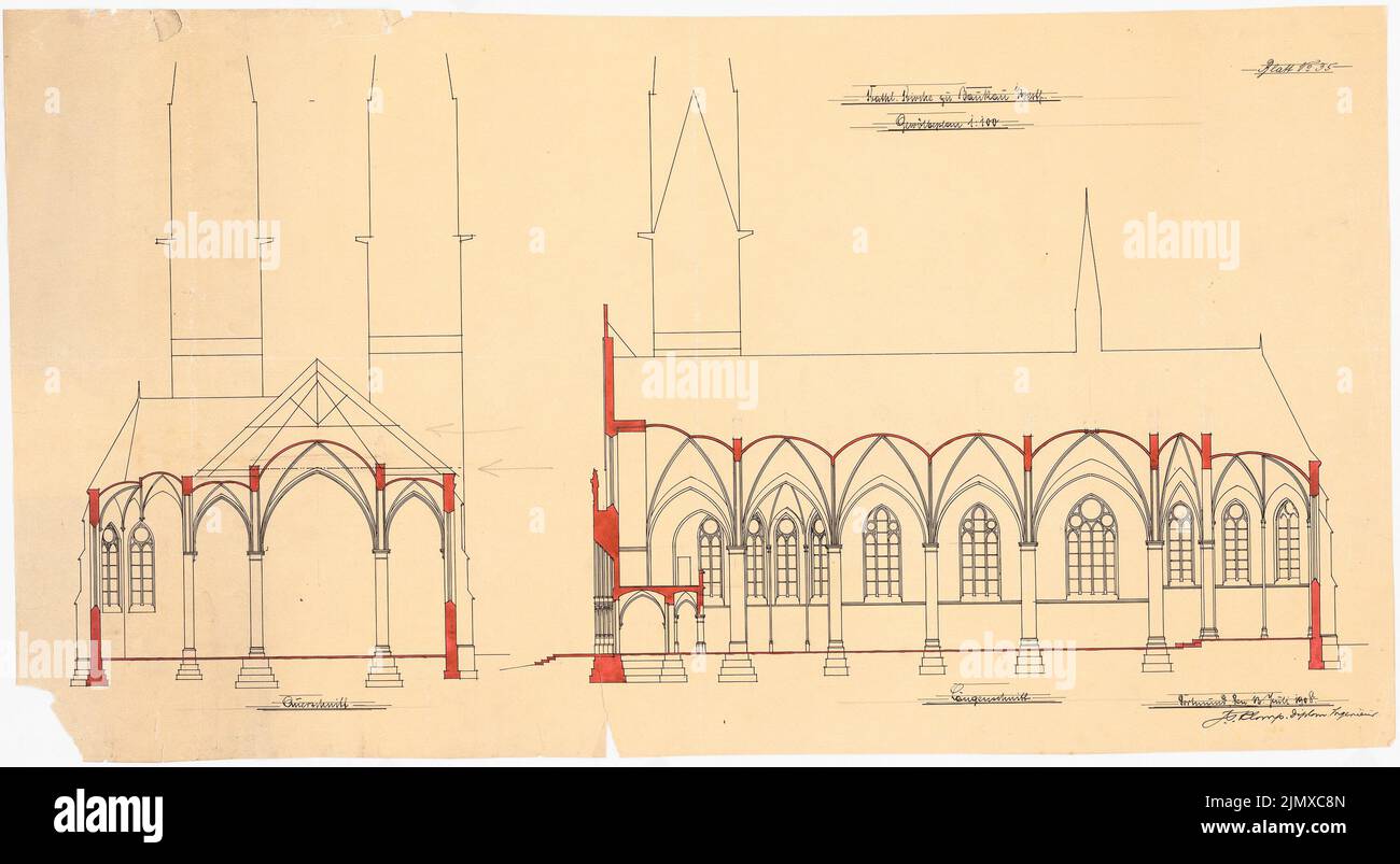 Klomp Johannes Franziskus (1865-1946), St. Marien (Erweiterung und Neubau von Kaplanei und Schwesternhaus), Herne-Baukau (13. Juli 1908): Kreuz- und Längsschnitt der Kirche mit Gewölbeplan 1: 100. Tusche, Bleistift wasserfarben auf transparent, 51,3 x 93,5 cm (inklusive Scankanten) Klomp Johannes Franziskus (1865-1946): St. Marien, Herne-Baukau. Erweiterung und Neubau von Kaplanei und Schwesternhaus Stockfoto