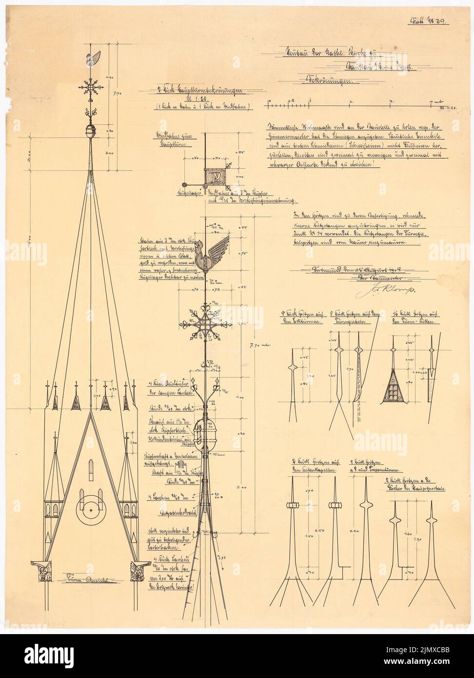 Klomp Johannes Franziskus (1865-1946), St. Marien (Erweiterung und Neubau von Kaplanei und Schwesternhaus), Herne-Baukau (25.08.1908): Krönung des Kirchturms, Ansicht, Schnitte 1: 100. Tusche, Bleistift auf Transparent, 76,8 x 57,5 cm (inklusive Scankanten) Klomp Johannes Franziskus (1865-1946): St. Marien, Herne-Baukau. Erweiterung und Neubau von Kaplanei und Schwesternhaus Stockfoto