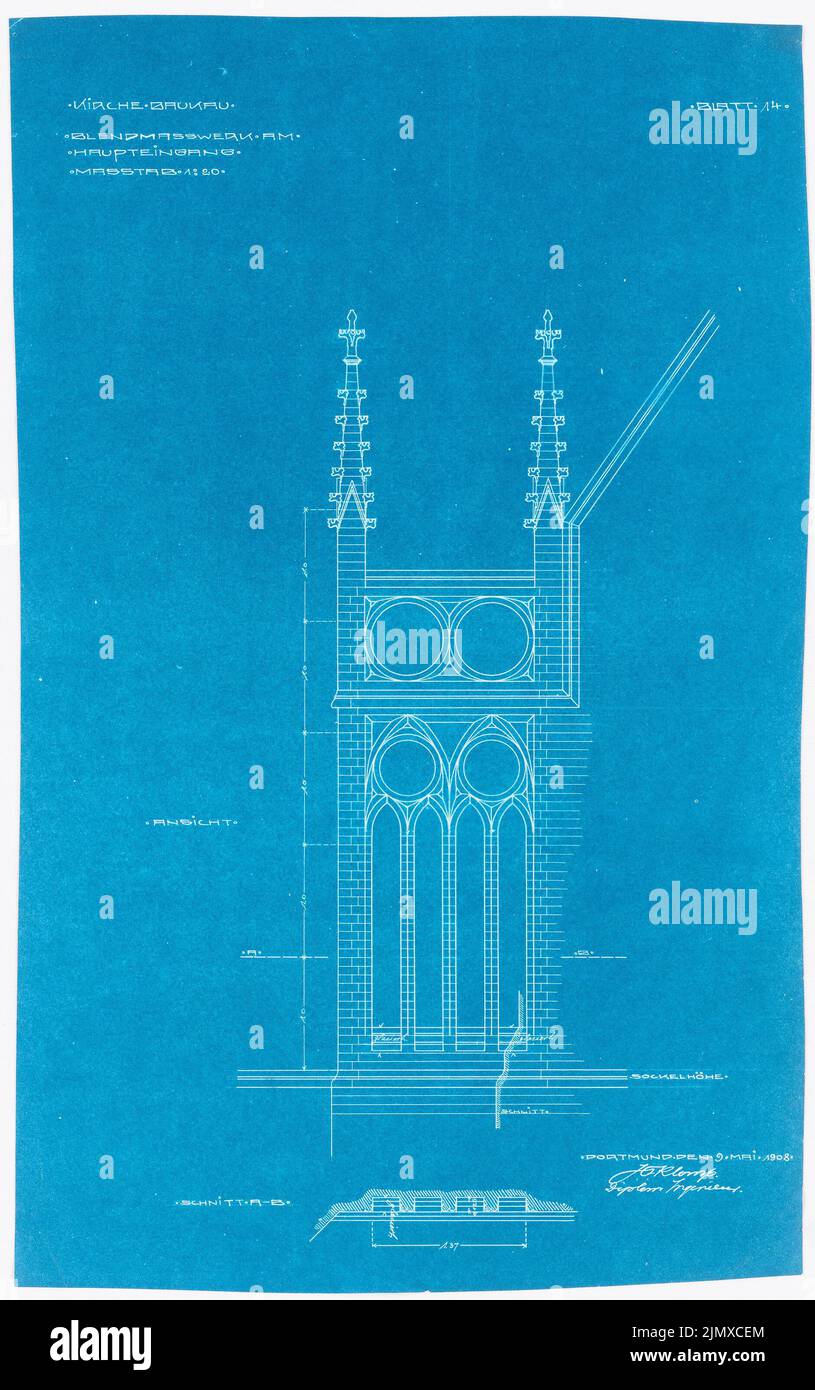 Klomp Johannes Franziskus (1865-1946), St. Marien (Erweiterung und Neubau von Kaplanei und Schwesternhaus), Herne-Baukau (09.05.1908): Blindenmaßnahme am Haupteingang 1:20 Uhr. Blaupause auf Papier, 57,4 x 36 cm (inklusive Scan-Kanten) Klomp Johannes Franziskus (1865-1946): St. Marien, Herne-Baukau. Erweiterung und Neubau von Kaplanei und Schwesternhaus Stockfoto