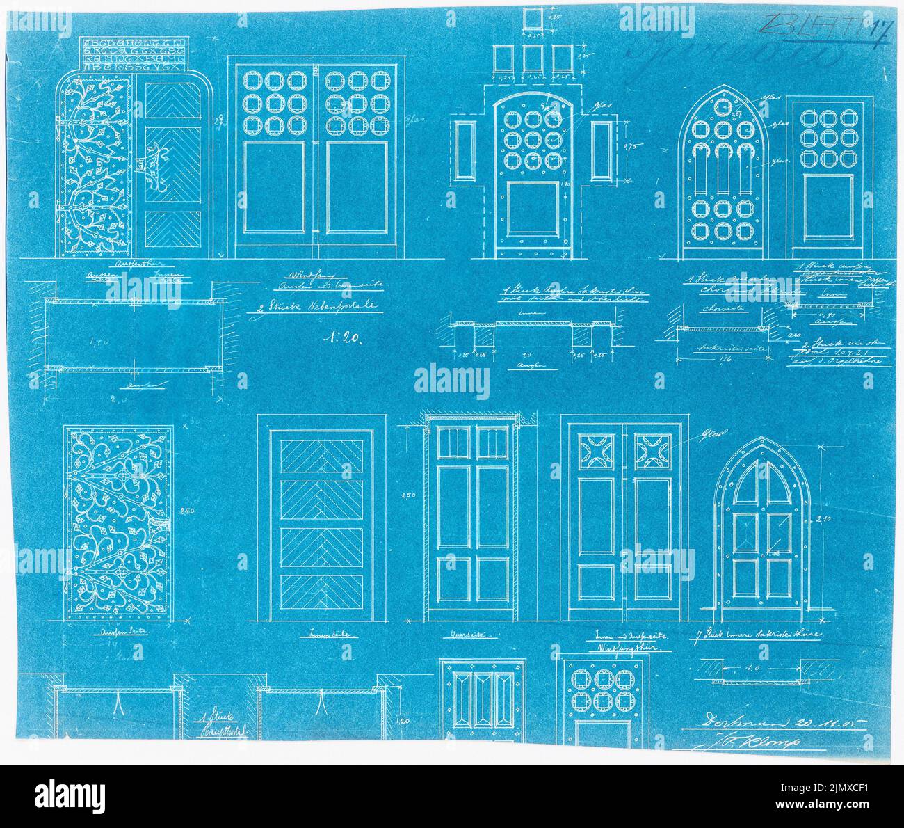 Klomp Johannes Franziskus (1865-1946), St. Marien (Erweiterung und Neubau von Kaplanei und Schwesternhaus), Herne-Baukau (25.08.1908): Türen der Kirche, Ansichten, Grundrisse und Schnitte 1:20. Tusche, Bleistift auf Transparent, 48,4 x 57,2 cm (inklusive Scankanten) Klomp Johannes Franziskus (1865-1946): St. Marien, Herne-Baukau. Erweiterung und Neubau von Kaplanei und Schwesternhaus Stockfoto