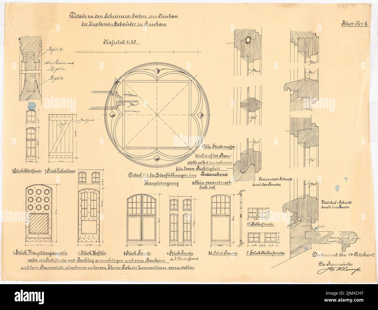 Klomp Johannes Franziskus (1865-1946), St. Marien (Erweiterung und Neubau von Kaplanei und Schwesterhaus), Herne-Baukau (14. Oktober 1907): Ansichten und Details der Türen der Kaplanei 1:20 und 1: 1. Tusche auf Transparent, 58,6 x 77,9 cm (inklusive Scankanten) Klomp Johannes Franziskus (1865-1946): St. Marien, Herne-Baukau. Erweiterung und Neubau von Kaplanei und Schwesternhaus Stockfoto