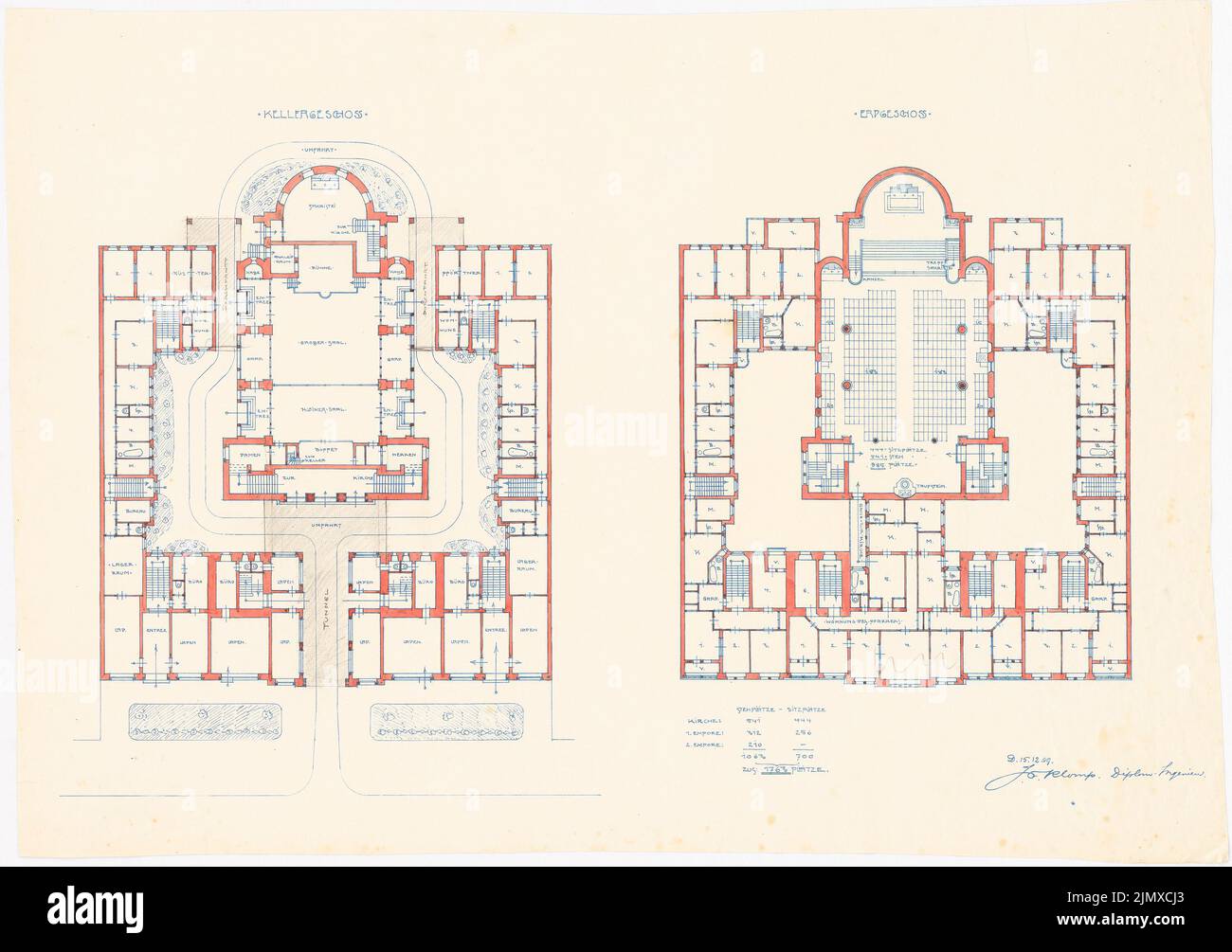 Klomp Johannes Franziskus (1865-1946), Straßenkirche Heilig Kreuz mit gewachsenem Mehrfamilienhaus, Berlin-Wilmersdorf (15. Dezember 1909): Grundrisse Keller und Erdgeschoss. Bleistift Aquarell, über einem Bruch auf Papier, 46,3 x 65,8 cm (inklusive Scankanten) Klomp Johannes Franziskus (1865-1946): Straßenkirche Heilig Kreuz mit angebautem Wohnungsbau, Berlin-Wilmersdorf Stockfoto