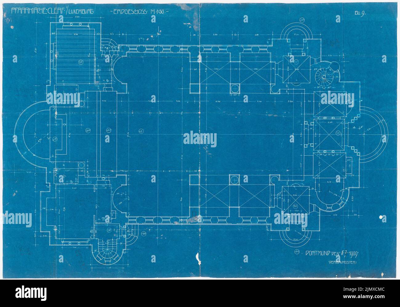 Sauber Johannes Franziskus (1865-1946), Erklärung, Angestellte, Klernaux), Euro (08.07,19709 Blaupausen AUF Papier, 60,5 x 86,5 cm (inkl. Scanrass). TU-Architecturer musicum Invokation. Nr. Jk 081,010. Klomp Johannes Franziskus (1865-1946): Dekanatskirche, Clerf (Clervaux) Stockfoto