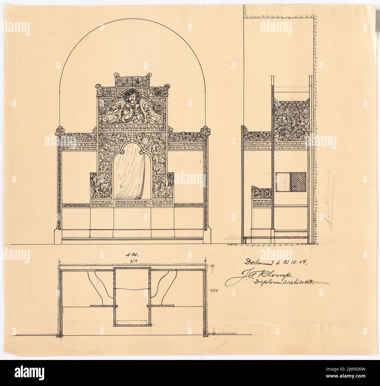 Klomp Johannes Franziskus (1865-1946), Grabmonumente, Altäre und Kirchendetails (20. Oktober 1904): Grundriß, Vorderansicht und Seitenansicht eines Tabernakels 1:20. Tusche, Bleistift auf Transparent, 38,4 x 40,6 cm (inklusive Scankanten) Klomp Johannes Franziskus (1865-1946): Grabdenkmäler, Altäre und Kirchendetails Stockfoto