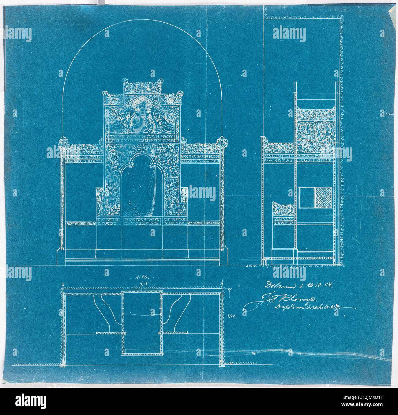 Klomp Johannes Franziskus (1865-1946), Grabmonumente, Altäre und Kirchendetails (20. Oktober 1904): Grundriß, Vorderansicht und Seitenansicht eines Tabernakels 1:20. Blaupause auf Papier, 37,8 x 38,8 cm (inklusive Scan-Kanten) Klomp Johannes Franziskus (1865-1946): Grabdenkmäler, Altäre und Kirchendetails Stockfoto