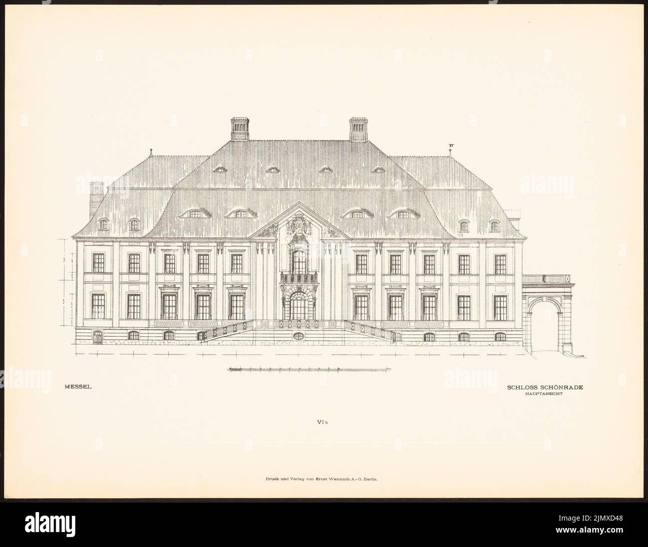 Messel Alfred (1853-1909), noch nicht aufgenommen (ca. 1911): Noch nicht aufgenommen (aus: »Alfred Messel«, Berlin: Wasmuth 1912). Druck auf Papier, 40,6 x 52,4 cm (inklusive Scankanten) Messel & Altgelt : Schloss Schönrade. (Aus: Alfred Messel, 1912) Stockfoto