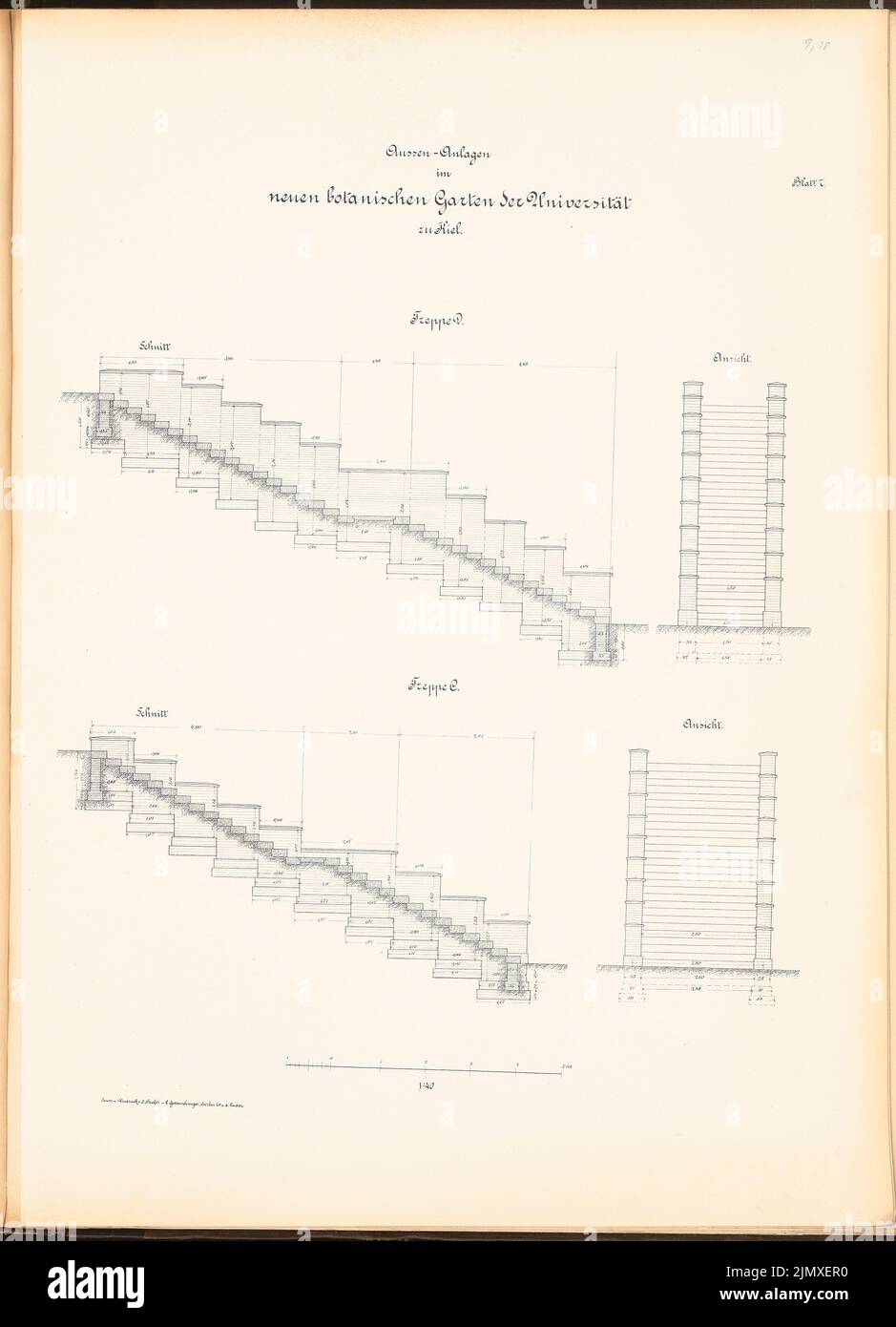 Unbekannter Architekt, Botanischer Garten der Christian-Albrechts-Universität Kiel (ca. 1889/1890): Treppe Details 1:40. Lithographie auf Papier, 68,9 x 49,9 cm (einschließlich Scankanten) N.N. : Botanischer Garten der Christian-Albrechts-Universität Kiel Stockfoto