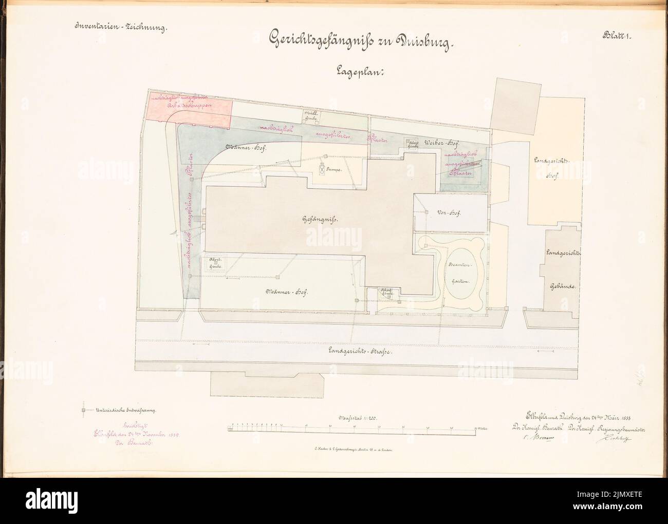 Unbekannter Architekt, Gerichtsstand, Duisburg (ca. 1889/1890): Lageplan 1: 200. Tinte überlithographisch auf Papier gefärbt, 49,1 x 68,5 cm (einschließlich Scankanten) N.N. : Gerichtsgefängnis, Duisburg Stockfoto