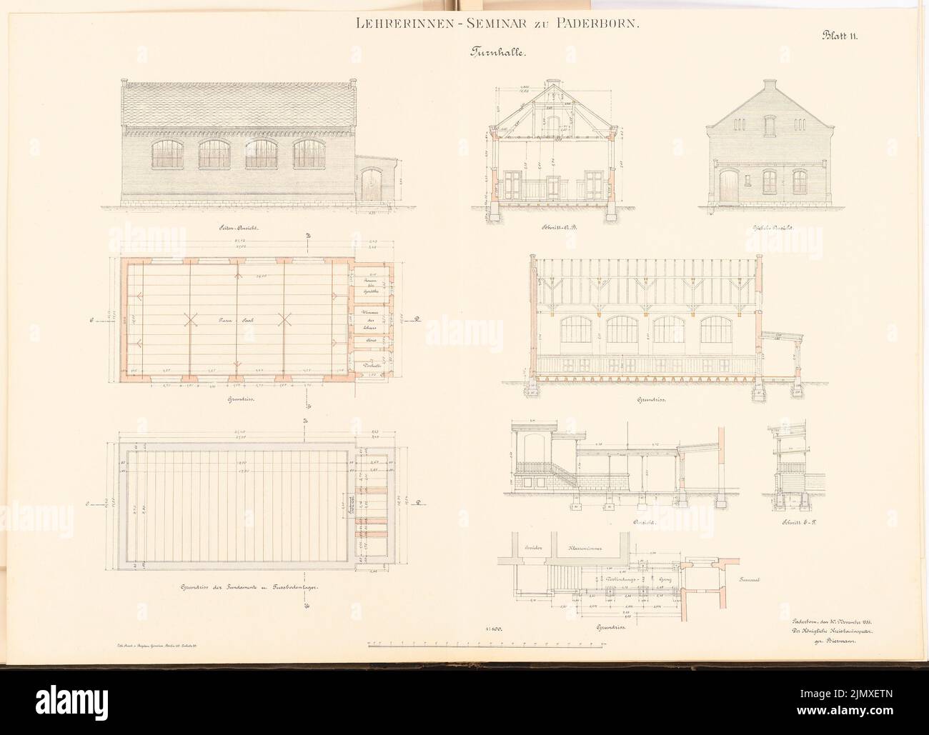 Unbekannter Architekt, Lehrerseminar in Paderborn (ca. 1889/1890): Fitnessstudio: Seitenansicht, Vorderansicht, 2 Schnitte, 3 Grundrisse. Lithographie auf Papier, 59,7 x 82,6 cm (einschließlich Scankanten) N.N. : Lehrerinnenseminar, Paderborn Stockfoto