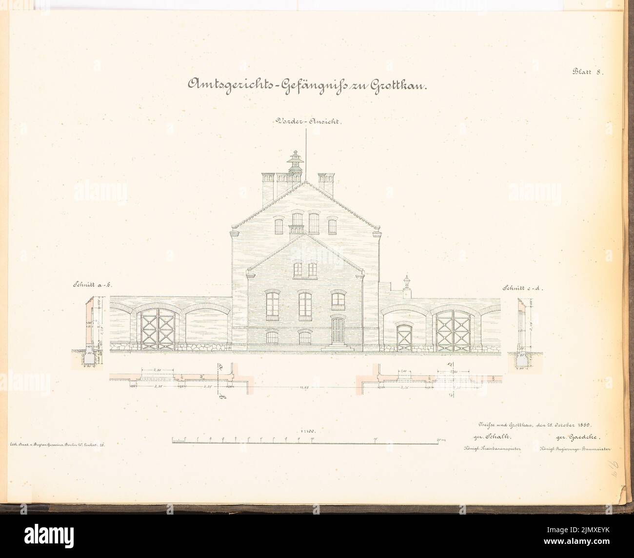 Unbekannter Architekt, Bezirksgericht Gefängnis in Grottkau (1889-1890): Vorderansicht und Details 1: 100. Lithographie auf Papier, 40 x 49,3 cm (einschließlich Scankanten) N.N. : Amtsgerichtssgefängnis, Grottkau Stockfoto