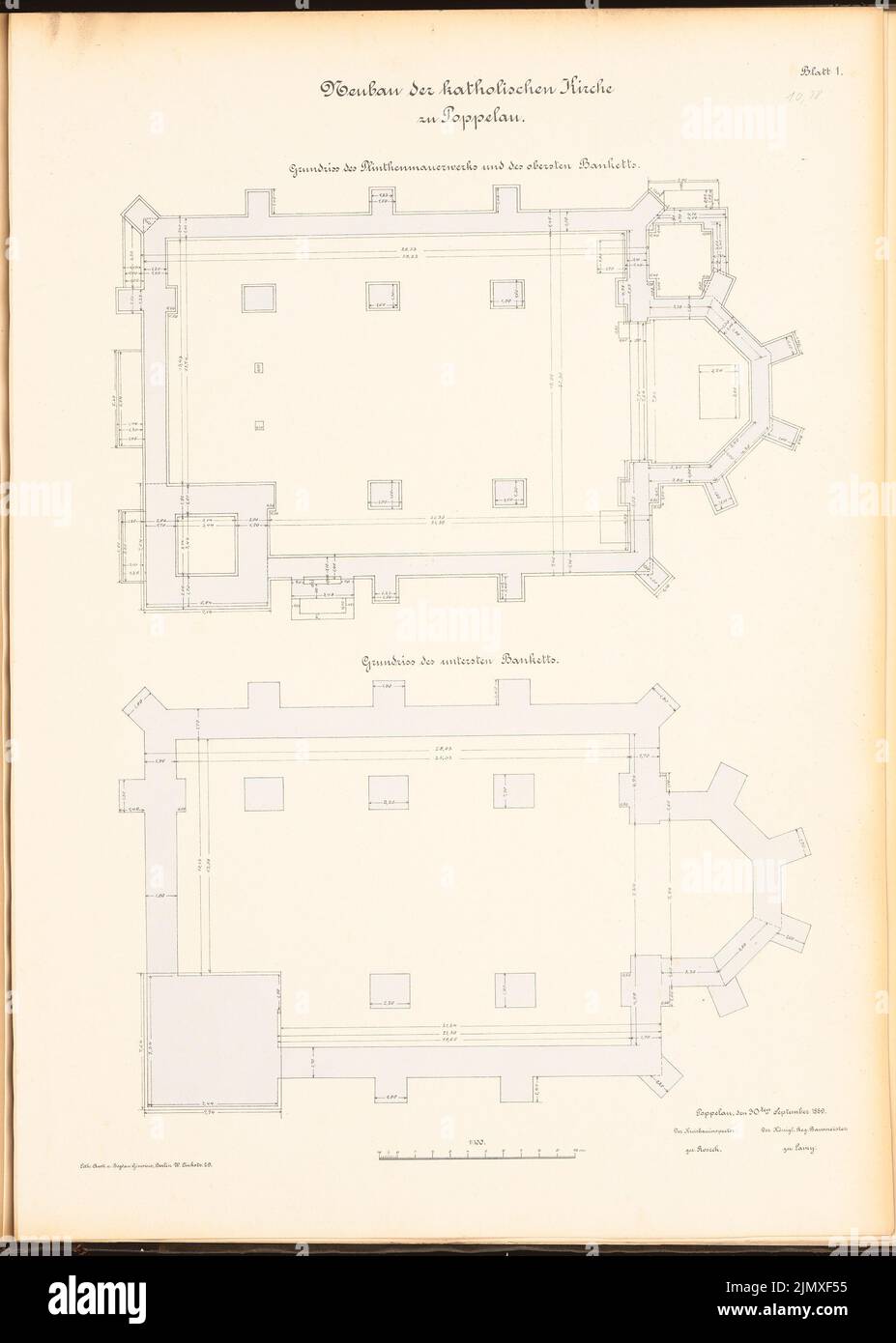 Unbekannter Architekt, katholische Kirche in Poppelau (ca. 1890): Grundrisse Oberes und Unterbau 1: 100. Lithographie auf Papier, 69,2 x 49,4 cm (einschließlich Scankanten) N.N. : Katholische Kirche, Poppelau Stockfoto