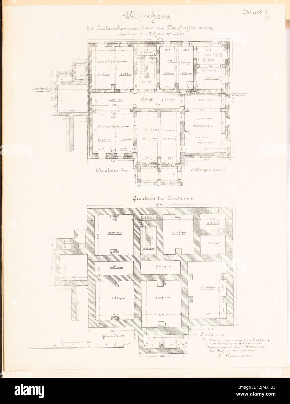 Unbekannter Architekt, Wohnhaus der Pilotleitung in Neufahrwasser (1888-1889): Grundriß KG und Fundamente 1: 100. Lithographie auf Papier, 43,7 x 33,5 cm (einschließlich Scankanten) N.N. : Wohnhaus des Lotsenkommandeurs, Danzig-Neufahrwasser Stockfoto