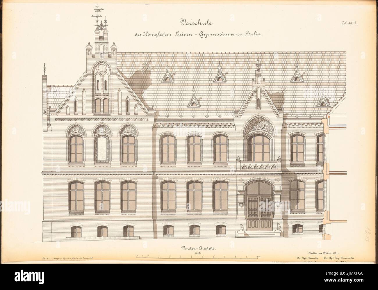 Schulze Friedrich (1843-1912), Luisen-Gymnasium, Berlin (1878-1882): Vorschule: Vorderansicht 1:50. Lithographie auf Papier, 48,1 x 68,9 cm (inklusive Scankanten) Schulze Friedrich (1843-1912): Luisen-Gymnasium, Berlin Stockfoto