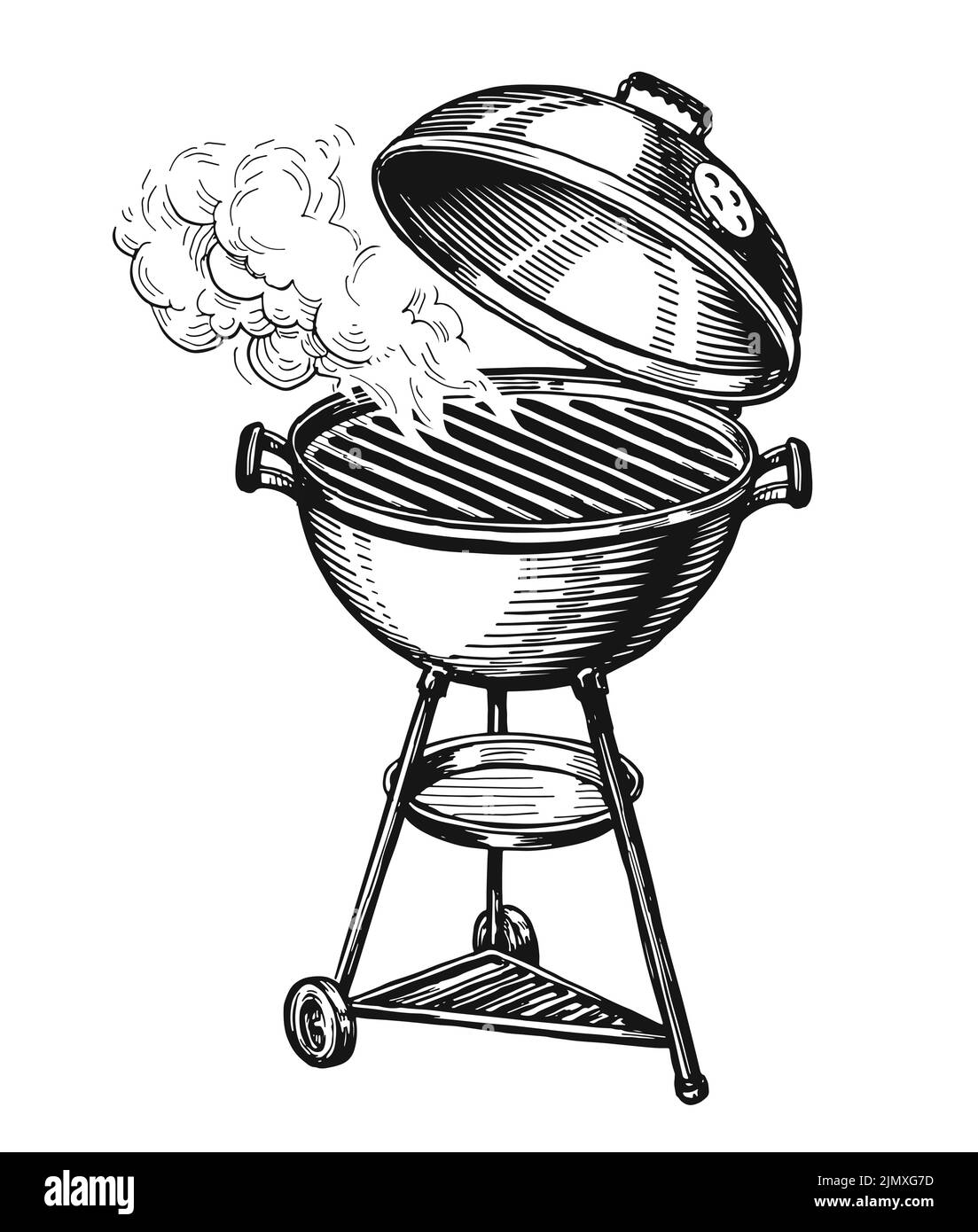BBQ Grill isoliert. Barbecue-Brazier mit Rauch. Kebab, Konzept für gegrillte Speisen. Handgezeichnete Skizzenvektordarstellung Stock Vektor