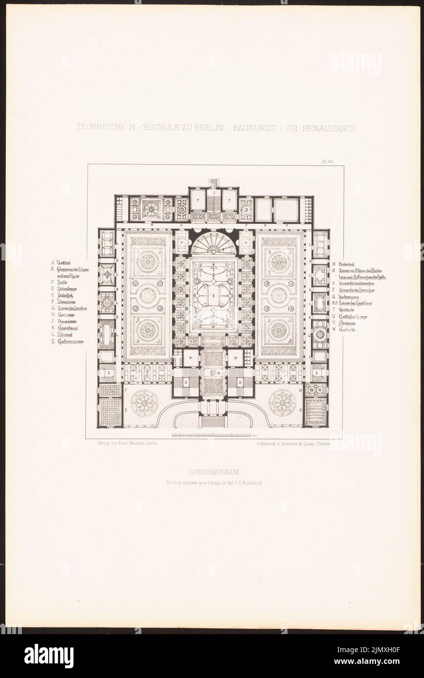 Stock, Konservatorium. (Aus Richtung J.C. Raschdorff, Architektur der Renaissance, 1880.) (1880-1880): Grundriß. Leichter Druck auf Papier, 48,7 x 32,6 cm (inklusive Scankanten) Bestand : Conservatorium. (Aus: J.C. Raschdorff, Baukunst der Renaissance, 1880) Stockfoto