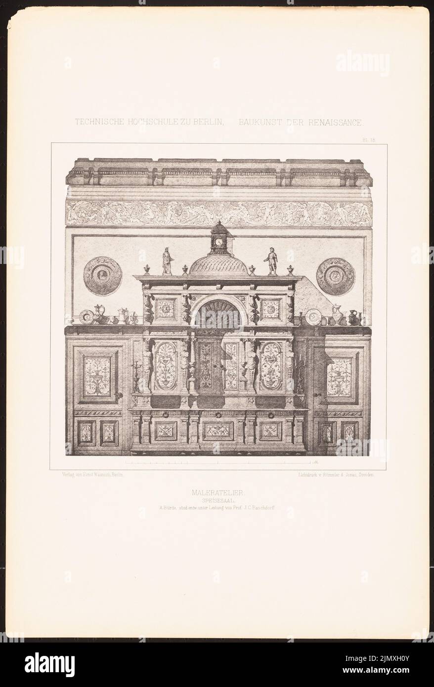 Bürde Alfred, Maleratelier. (Aus Richtung J.C. Raschdorff, Architektur der Renaissance, 1881.) (1881-1881): Esszimmer mit Innenansicht. Leichter Druck auf Papier, 49 x 33,1 cm (einschließlich Scankanten) Stockfoto