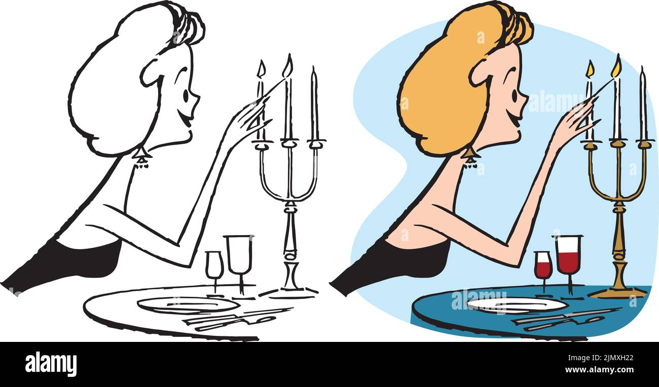 Ein Vintage-Retro-Cartoon einer Frau, die ein romantisches Abendessen durch Anzünden einer Kerze vorbereitet. Stock Vektor
