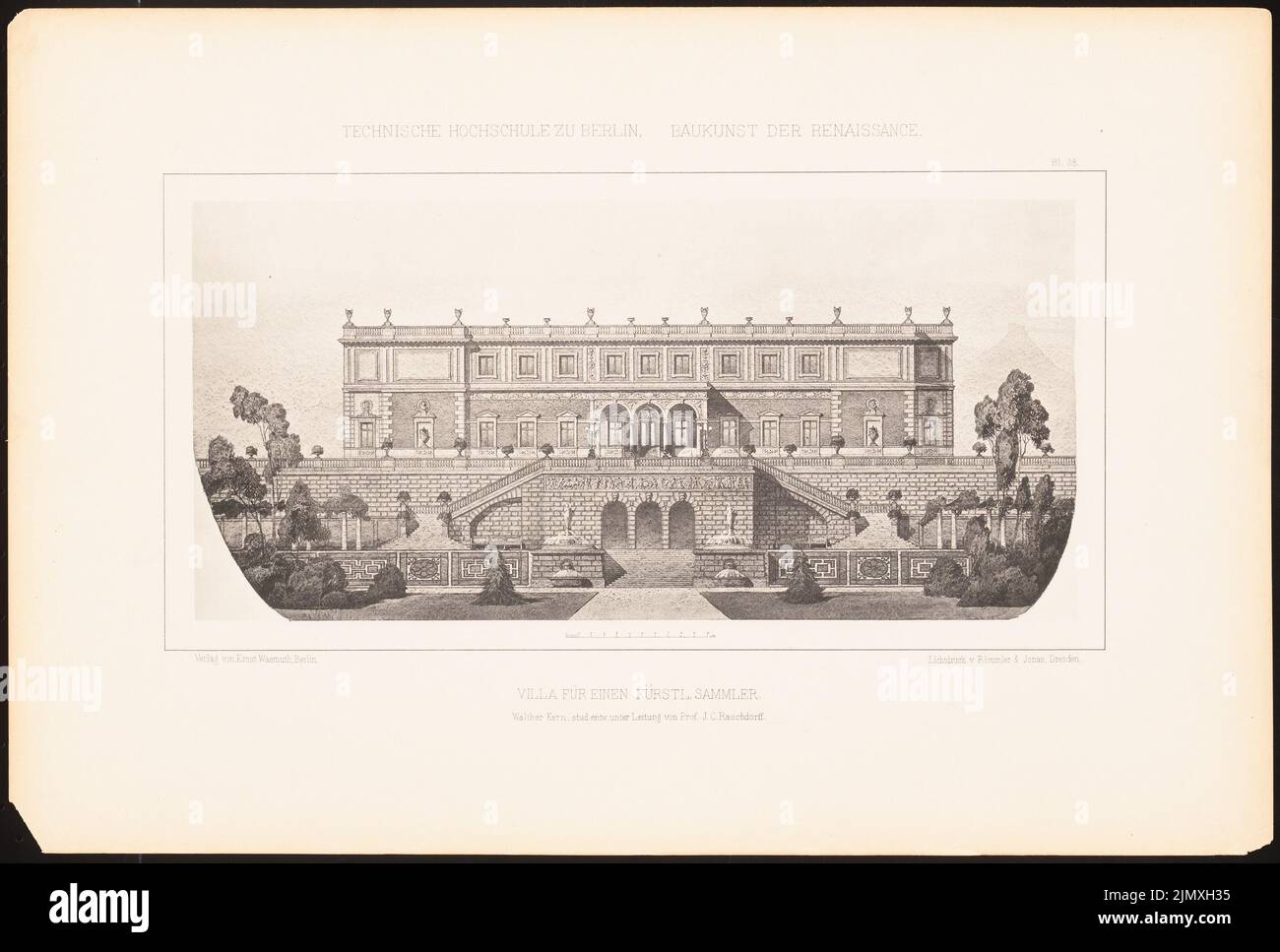 Kern Walter (1860-1912), Villa für einen fürstlichen Sammler. (Aus Richtung J.C. Raschdorff, Architektur der Renaissance, 1881.) (1881-1881): Blick von vorne. Leichter Druck auf Papier, 32,9 x 48,8 cm (einschließlich Scankanten) Stockfoto