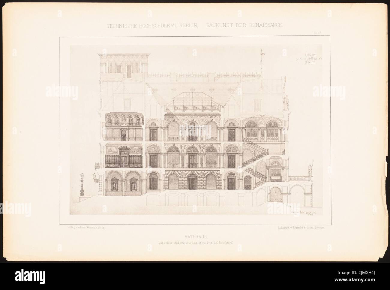 Polack, Rathaus. (Aus Richtung J.C. Raschdorff, Architektur der Renaissance, 1881.) (1881-1881): Querschnitt. Leichter Druck auf Papier, 32,8 x 48,7 cm (einschließlich Scankanten) Stockfoto