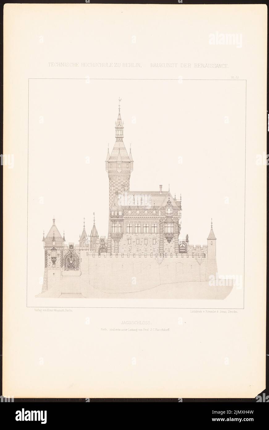 Nath, Jagdschloss. (Aus Richtung J.C. Raschdorff, Architektur der Renaissance, 1881.) (1881-1881): Blick von vorne. Leichter Druck auf Papier, 49,1 x 32,9 cm (einschließlich Scankanten) Stockfoto