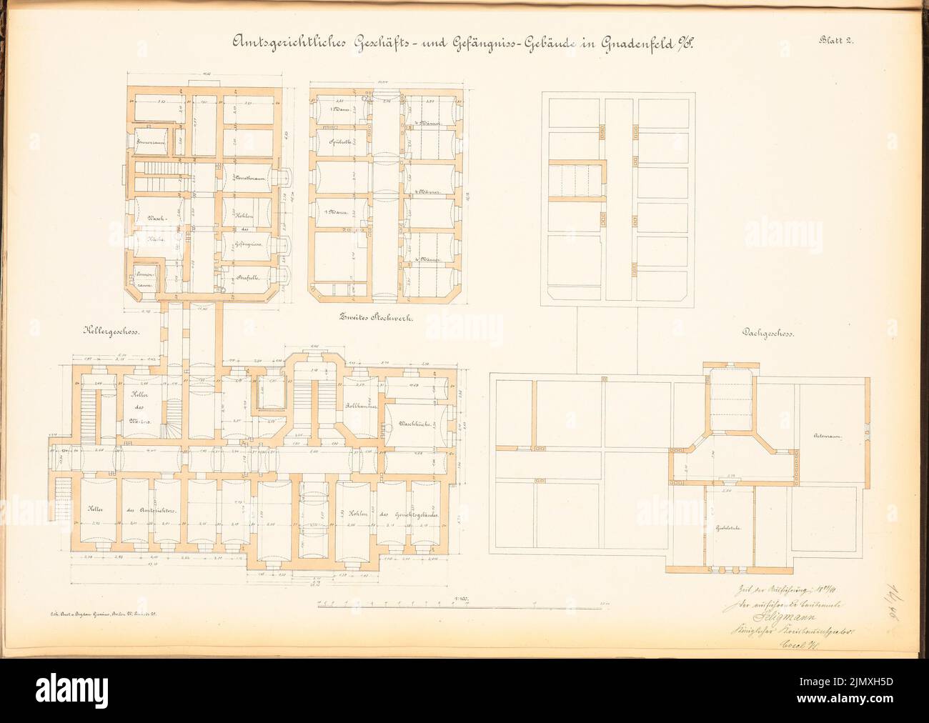 Ministerium für Öffentliche Arbeit, Bezirksgericht und Gefängnis in Gnadenfeld (1889-1890): Grundrisse KG, 2.. Stock, DG. Lithographie auf Papier, 48,9 x 68,9 cm (einschließlich Scankanten) Stockfoto