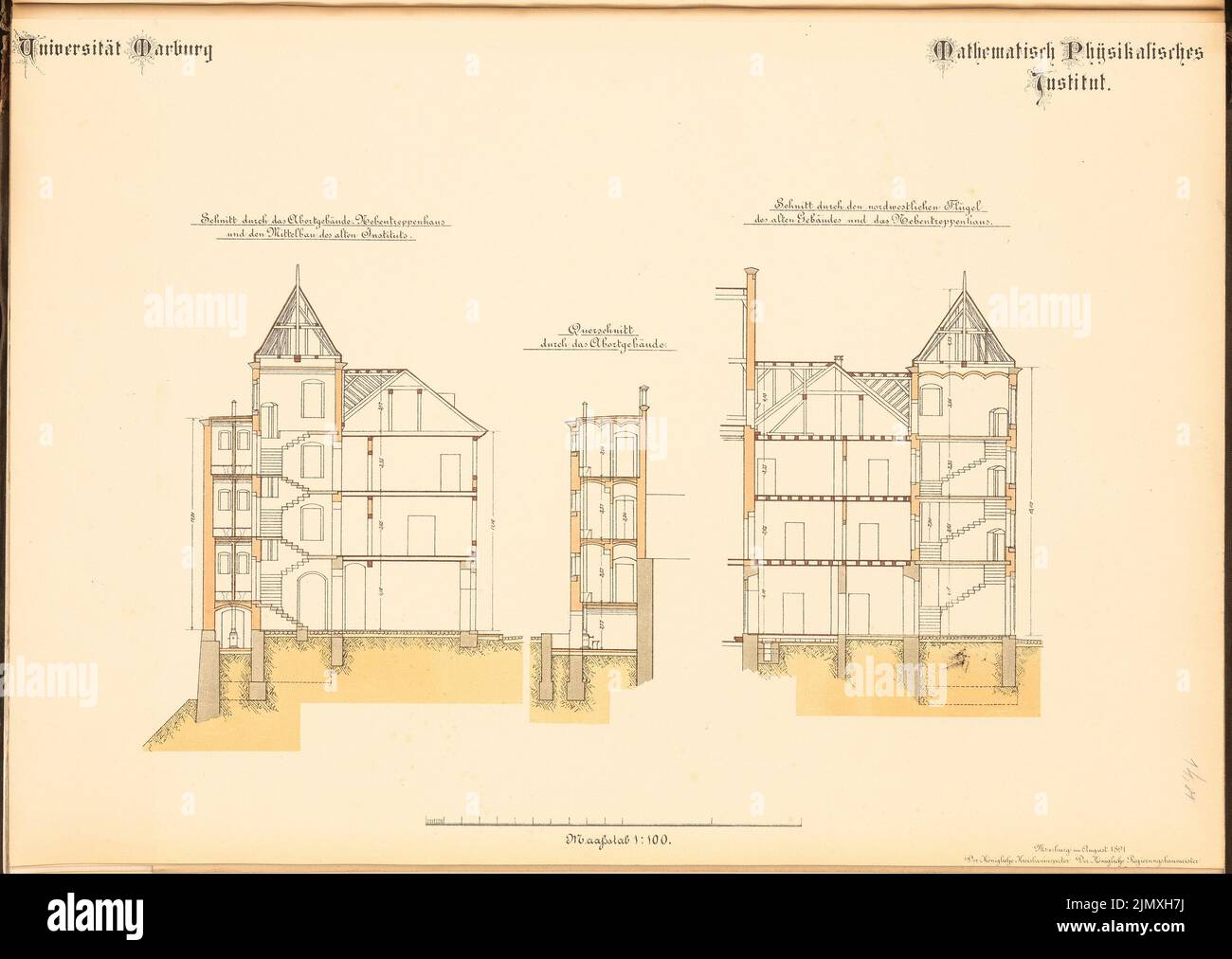 Unbekannter Architekt, mathematisch-physikalisches Institut der Philipps-Universität Marburg (ca. 1891): 3 Schnitte 1: 100. Lithographie auf Papier, 48,9 x 69 cm (einschließlich Scankanten) Stockfoto