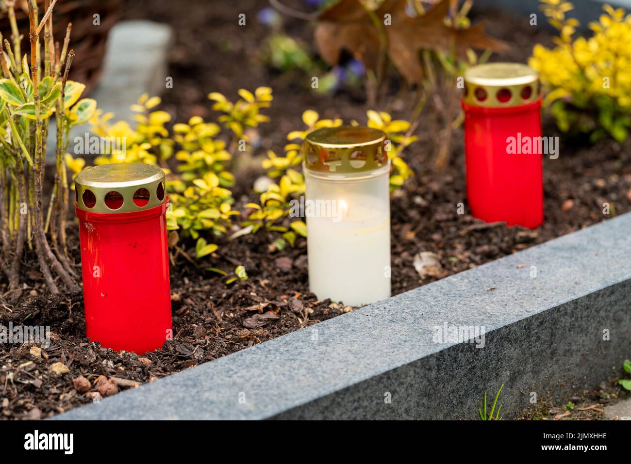 Grablicht mit brennender Kerze auf einem Grab mit Blumen Stockfoto
