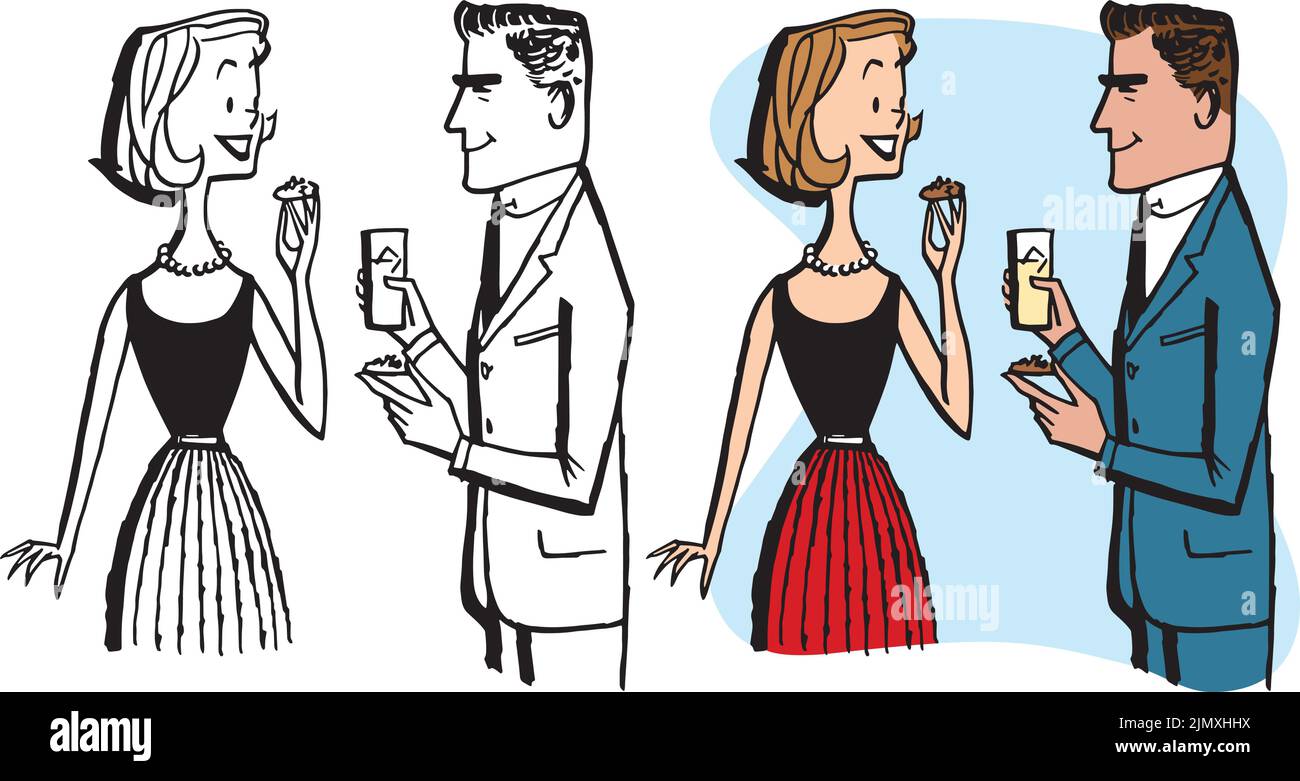 Ein Vintage Retro-Cartoon eines Paares, das auf einer Party beim Trinken und Essen redet. Stock Vektor