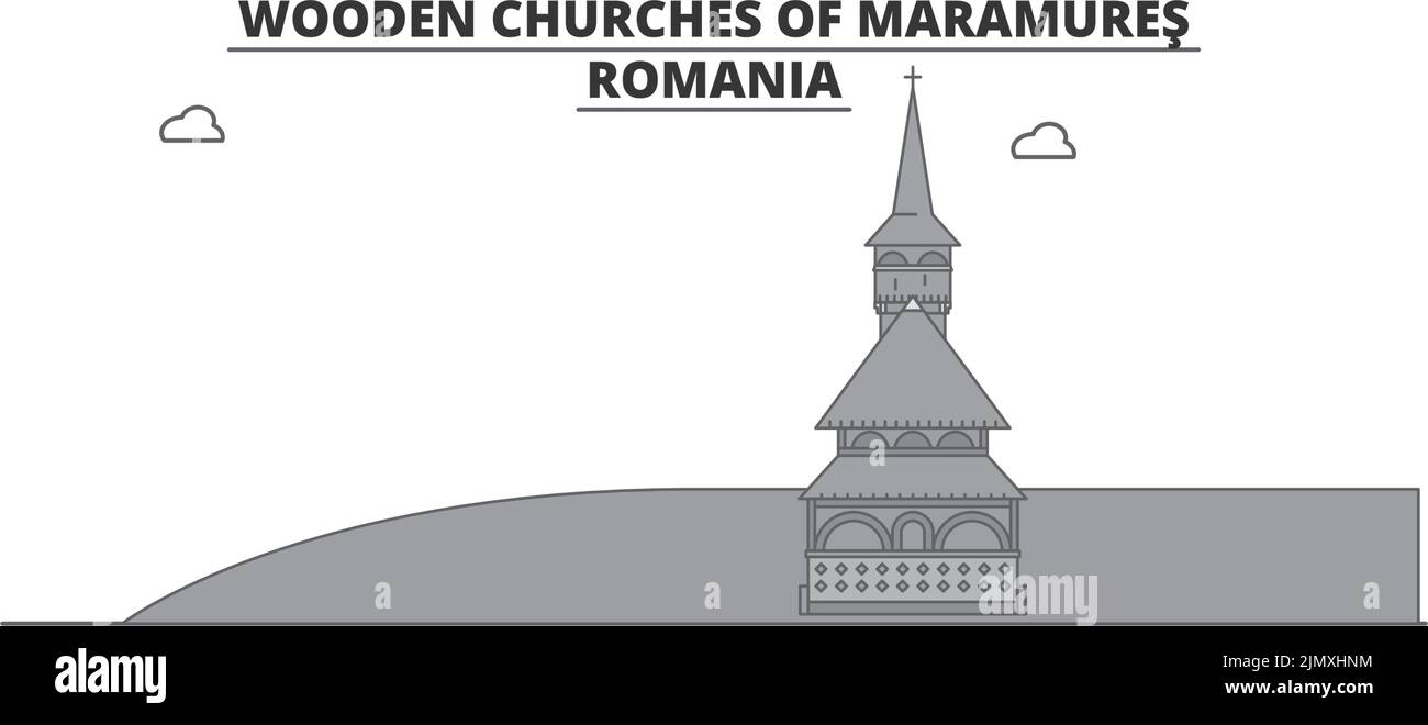 Rumänien, Maramures, Holzkirchen Stadt Skyline isoliert Vektor-Illustration, Symbole Stock Vektor