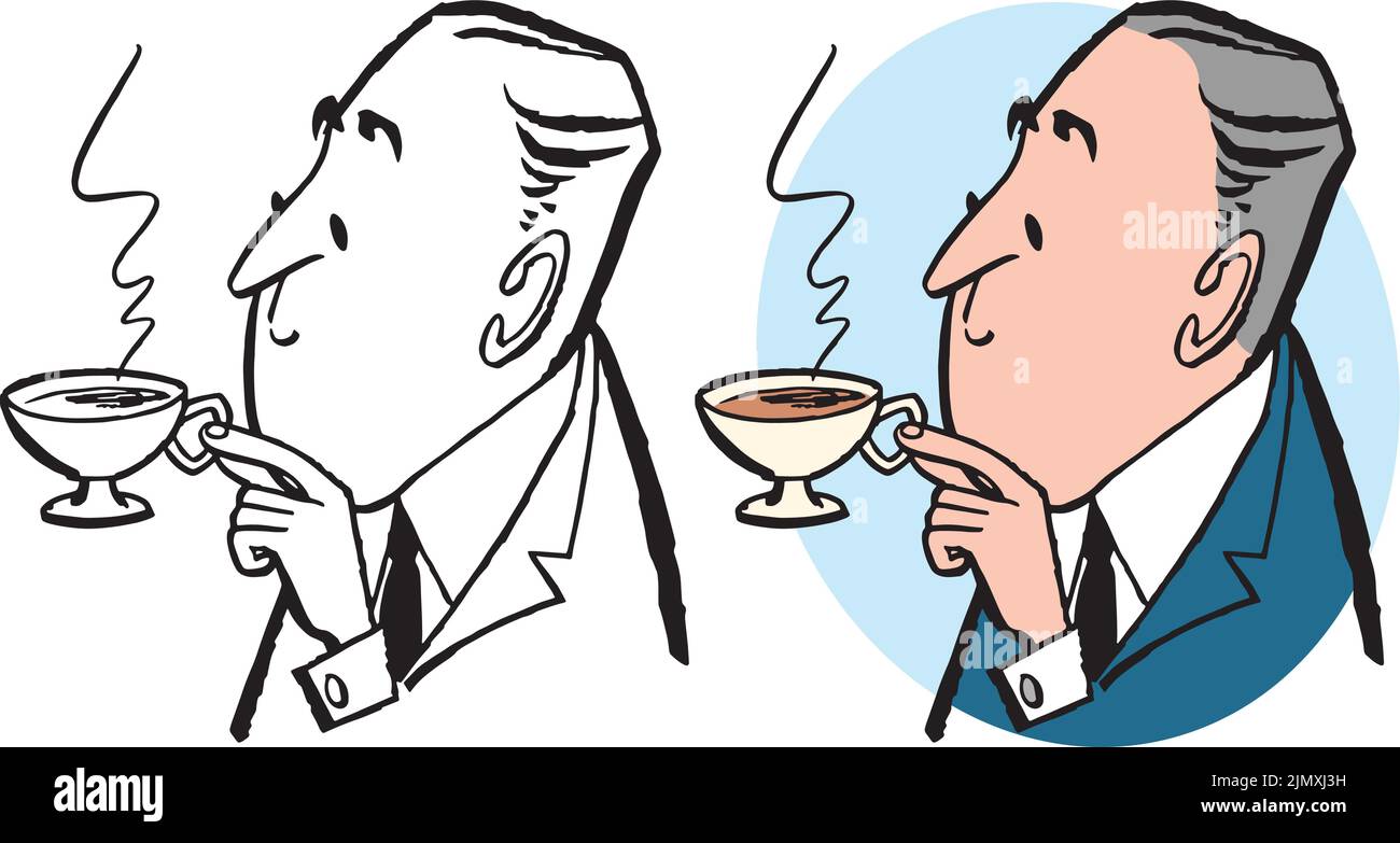 Ein Vintage Retro-Cartoon eines älteren Mannes, der eine Tasse heißen Tee trinkt. Stock Vektor