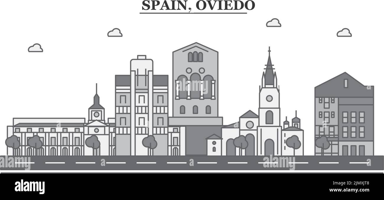 Spanien, Skyline von Oviedo isolierte Vektorgrafik, Ikonen Stock Vektor