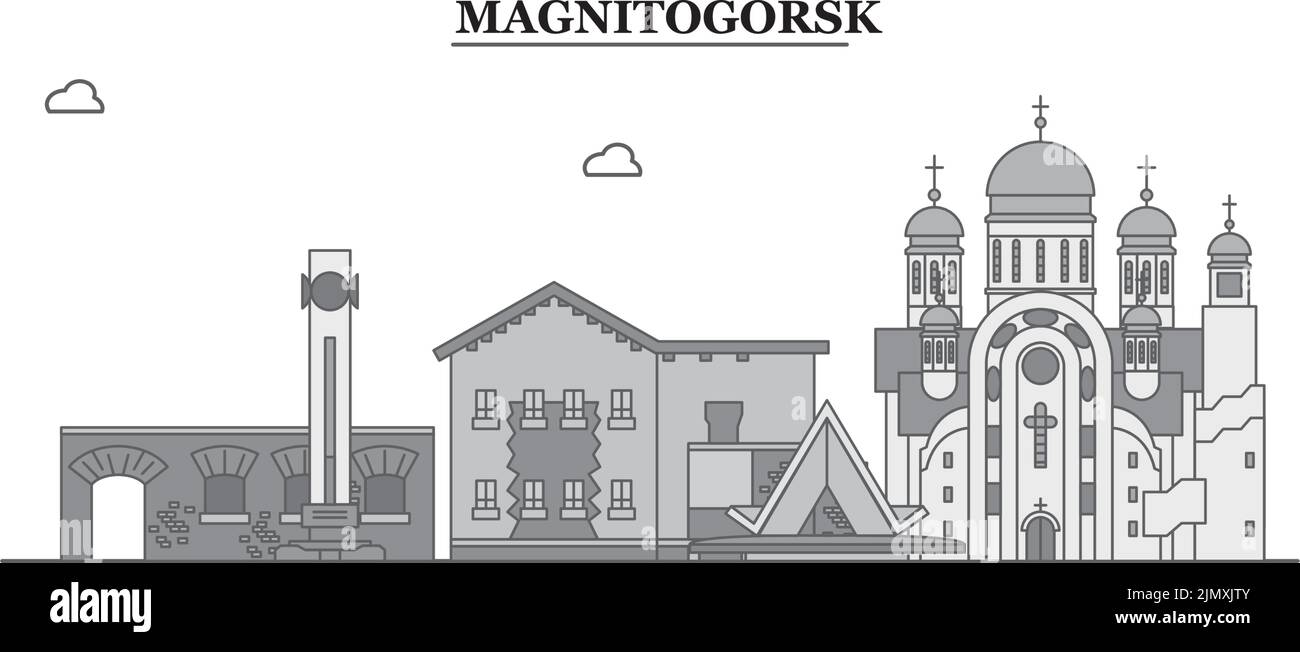 Russland, Magnitogorsk Stadt Skyline isoliert Vektor-Illustration, Symbole Stock Vektor