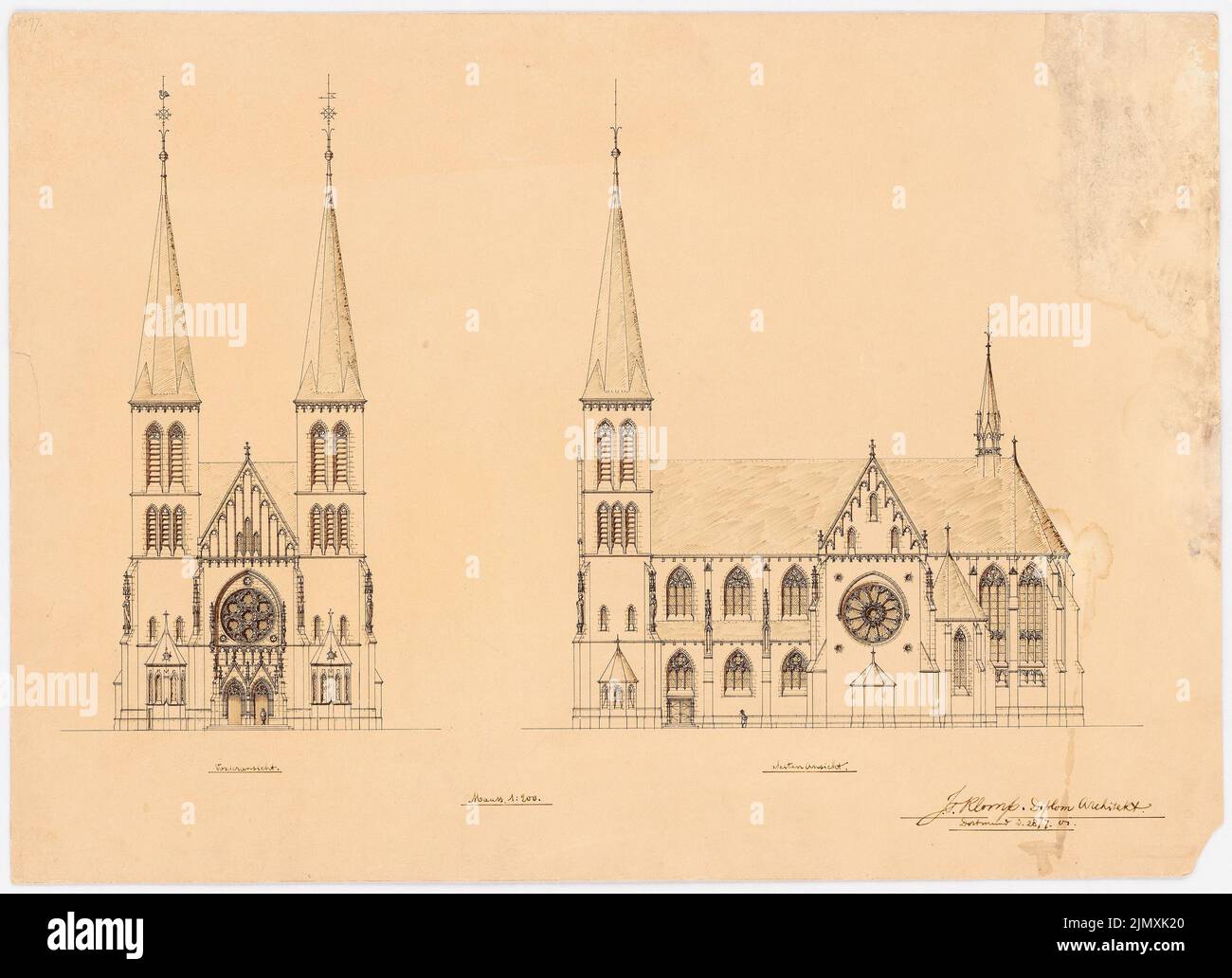 Klomp Johannes Franziskus (1865-1946), Herz-Jesu-Kirche, Herne (01.08.1901): Vorder- und Seitenansicht 1: 200 (Entwurfsphase 1.). Tinte, Tinte farbig auf Karton, 45,7 x 63 cm (inklusive Scankanten) Stockfoto