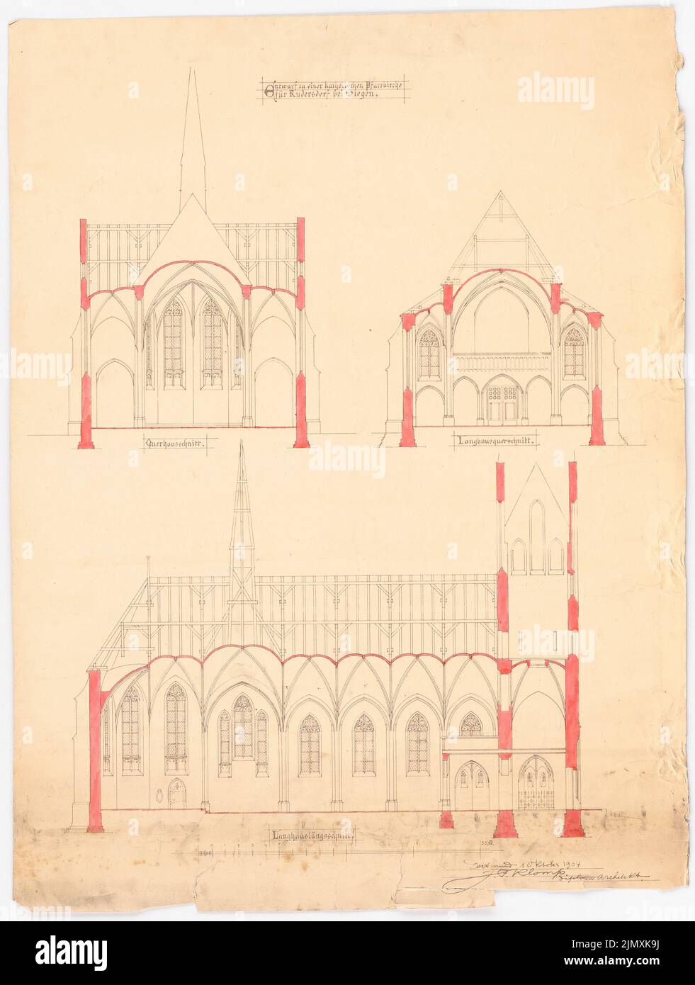 Klomp Johannes Franziskus (1865-1946), St. Laurentius, Rudersdorf bei Wilnsdorf (1. Oktober 1904): Schnitt durch das Querhaus, Querschnitt und Längsschnitt des Kirchenschiffs. Leichtes Break-Aquarell auf der Schachtel, 68,4 x 51,6 cm (einschließlich Scankanten) Stockfoto