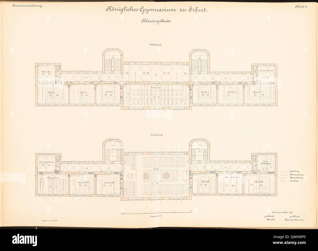 Unbekannter Architekt, Gymnasium in Erfurt (ca. 1896): Grundrisße 1., Nr. 2. 1: 100. Lithographie auf Papier, 68,5 x 95,2 cm (einschließlich Scankanten) Stockfoto