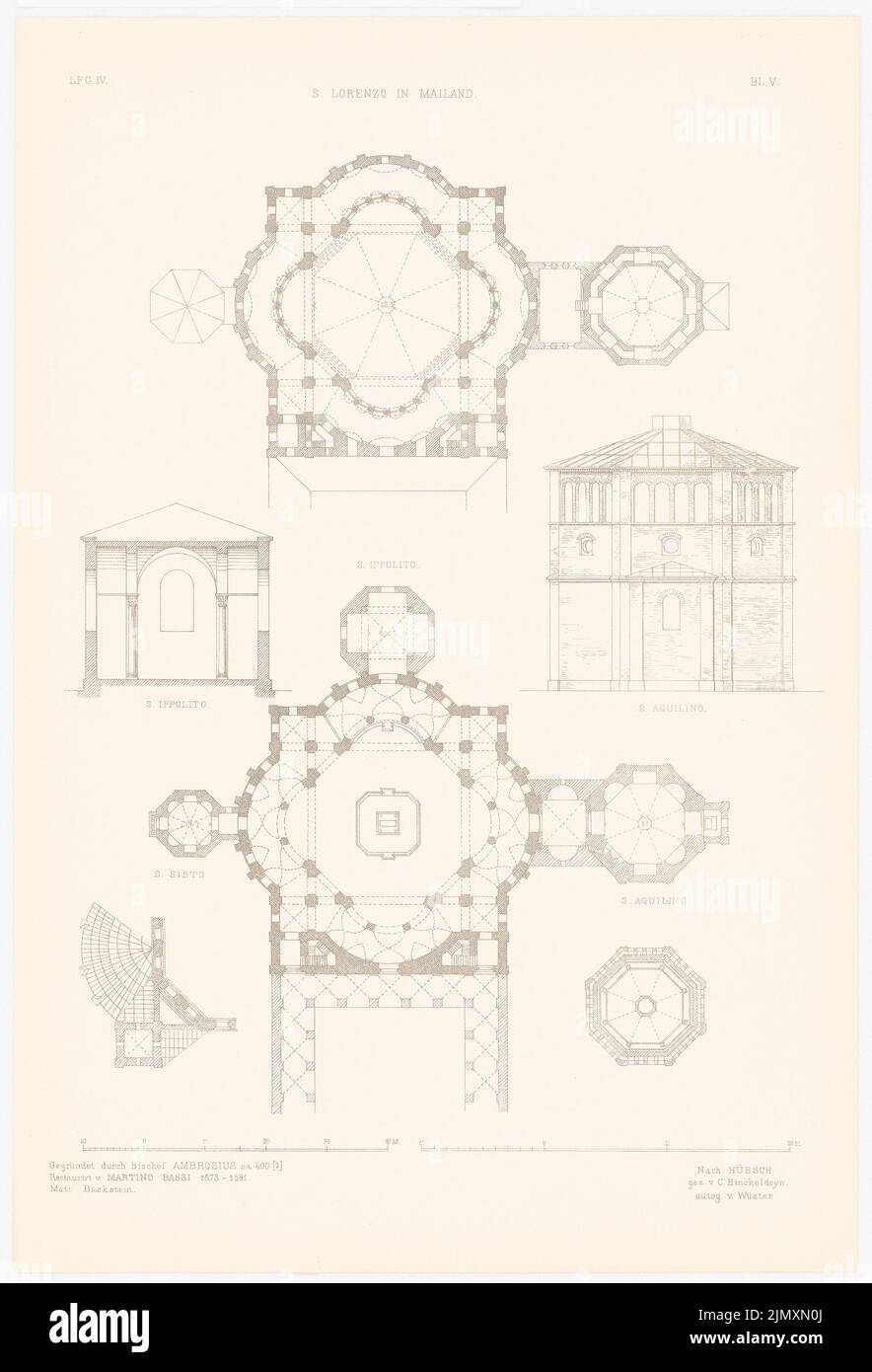 N.N., S. Lorenzo in Mailand. (Aus Richtung Altchristl: U. Roman. Gebäude, Hrsg. V. Zeichenausgabe d. Stud. TH Berlin, 1875) (1875-1875): Grundrisse, Querschnitte, Details. Druck auf Papier, 53,2 x 36,2 cm (einschließlich Scankanten) Stockfoto