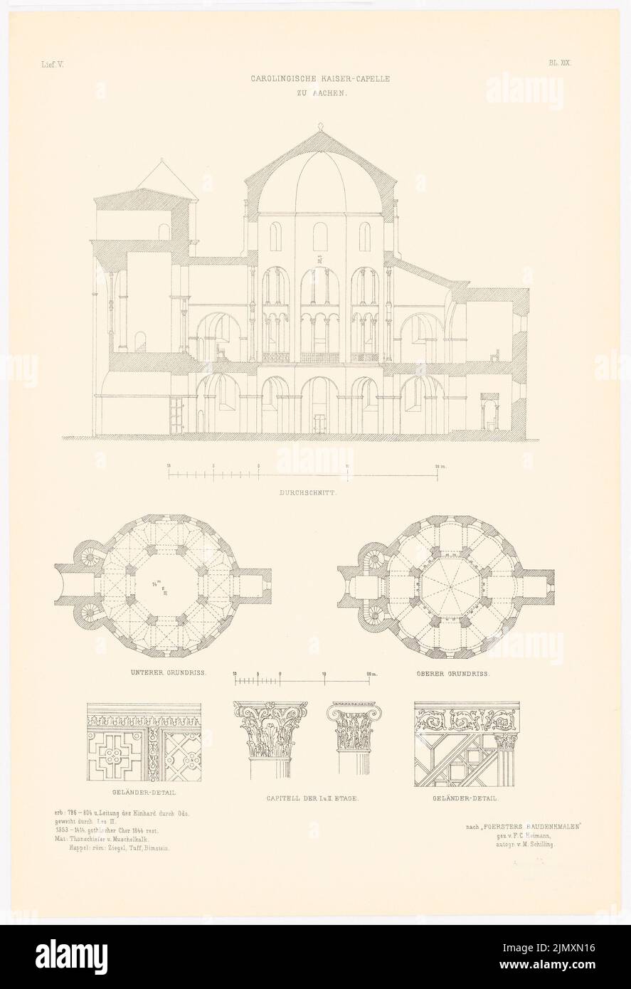 N.N., Pfälzerkapelle in Aachen. (Aus Richtung Altchristl: U. Roman. Gebäude, Hrsg. V. Zeichenausgabe d. Stud. TH Berlin, 1875) (1875-1875): Querschnitt, Grundrisse, Details. Druck auf Papier, 53,1 x 36,2 cm (einschließlich Scankanten) Stockfoto