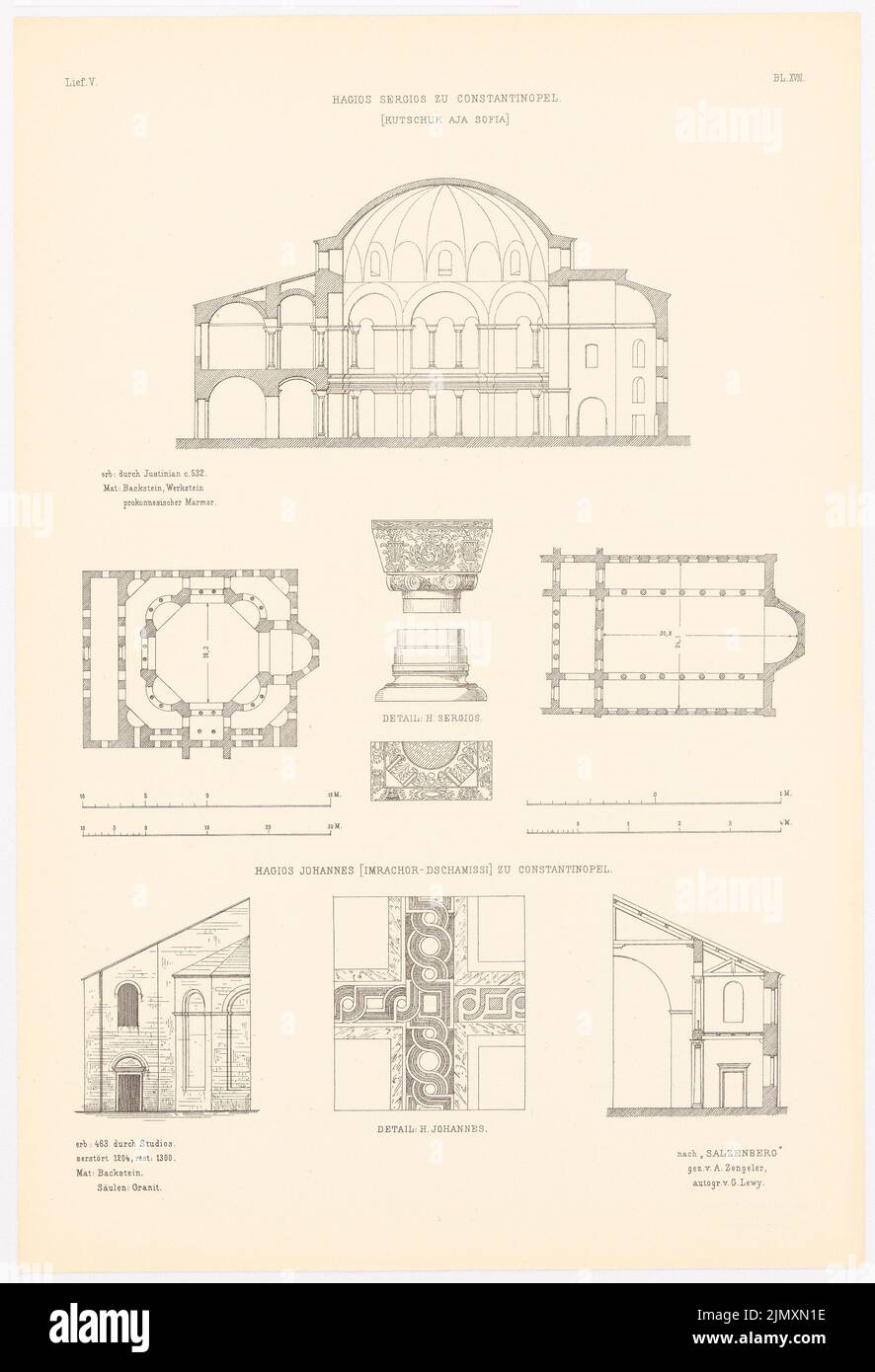 N.N., Hagios Sergios nach Konstantinopel. (Aus Richtung Altchristl: U. Roman. Gebäude, Hrsg. V. Zeichenausgabe d. Stud. TH Berlin, 1875) (1875-1875): Querschnitt, Grundriß, Details. Druck auf Papier, 53,1 x 36,2 cm (einschließlich Scankanten) Stockfoto