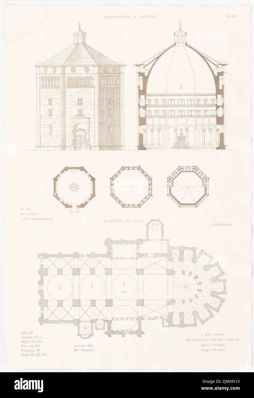 N.N., Baptist nach Cremona. S. Antonio nach Padua. (Aus Richtung Altchristl: U. Roman. Gebäude, Hrsg. V. Charakterüberschuss D. Stud. TH Berlin, 1875) (1875-1875): Ansicht, Querschnitt, Details Cremona, Grundriß Padua. Drucken auf Papier, 52,4 x 35,9 cm (einschließlich Scankanten) Stockfoto