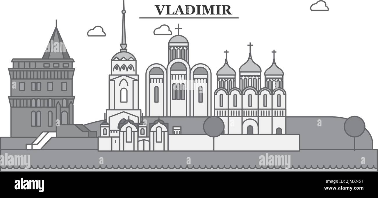 Russland, Wladimir Stadt Skyline isoliert Vektor Illustration, Symbole Stock Vektor