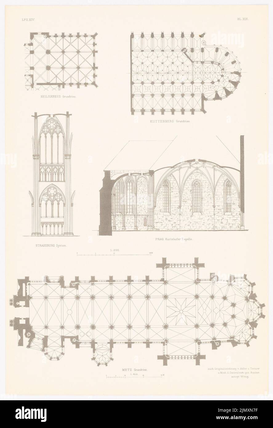 N.N., Kirche in Kuttenberg. Straßburg, Münster. Karlshofkapelle in Prag. Von der Kathedrale nach Metz. (Aus: Gotische Architektur in Deutschland, hrsg. v. Signauss (1875-1875): Grundriss Heiligkreuzkirche, Kuttenberg, Metz, Innenansicht Straßburg, Querschnitt Prag. Druck auf Papier, 53,6 x 36,6 cm (inkl. Kanten scannen) Stockfoto