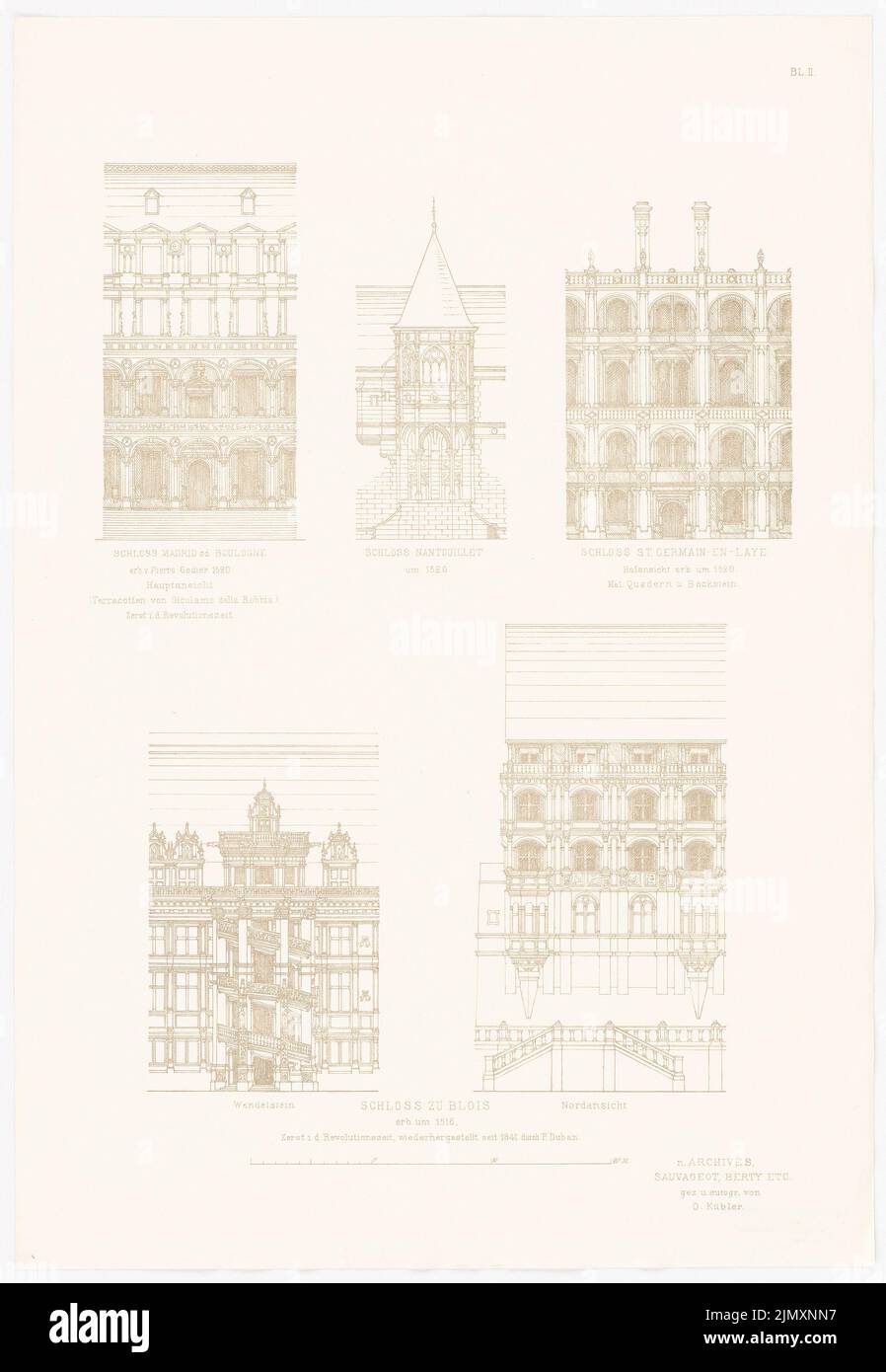 N.N., Schloss Madrid. Nantouillet Castle. St. Germain-en-Laye Castle. Castle to Blois. (Aus Richtung Baukunst d. Renaissance in France, hrsg. v. Characteraussc (1875-1875): Views. Druck auf Papier, 52,2 x 36,1 cm (inkl. Kanten scannen) Stockfoto