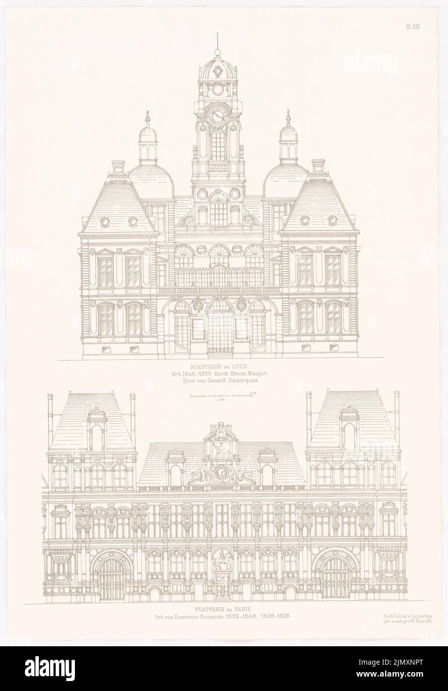N.N., Stadthaus zu Lyon. Stadthaus zu Paris. (Aus Richtung Architecture d. Renaissance in Frankreich, Aufl. Druck auf Papier, 52,1 x 36,2 cm (inkl. Scankanten) Stockfoto