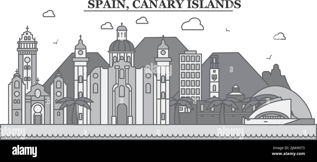 Spanien, Skyline der Kanarischen Inseln isolierte Vektorgrafik, Symbole Stock Vektor