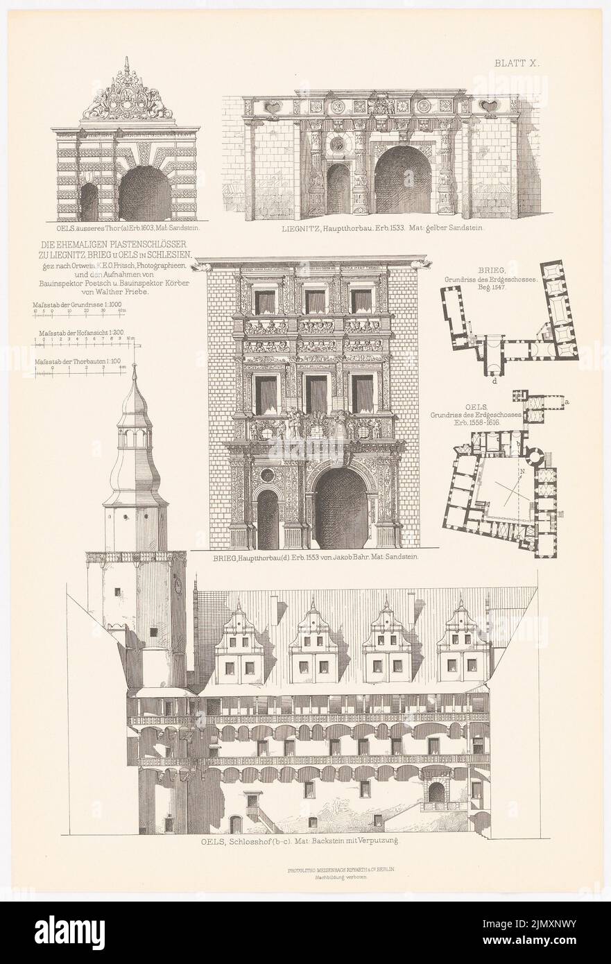 N.N., ehemaliges Piastschloss zu Liegnitz, Brieg und Oels. (Aus Richtung Architecture d. Renaissance in Deutschland, hrsg. v. Charakterausnahme. D. Stud. TH Berlin, 18 (1875-1875): Lageplan, Blick Brieg, Detail Liegnitz, Blick, Lageplan, Details auf Papier. , 53,1 x 36 cm (inkl. Kanten scannen) Stockfoto